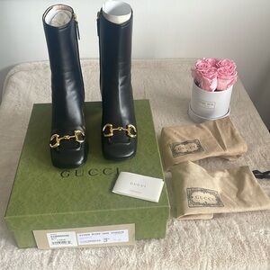 NWT Gucci Horsebit 55mm Nappa Charlotte Boot Black Leather with Block Heel